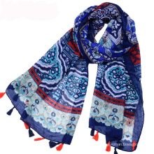 Hot selling bohemia style summer cotton voile fabric scarf shawl with tassel printed Pakistani hijab scarf